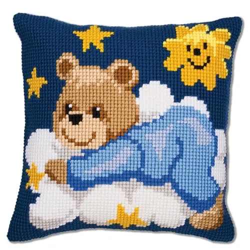Vervaco PN-0008573 Stickkissen Motiv Bär auf Wolken - Kreuzstich-Kissen mit süßem Bär auf Wolken, ideal für Kinderzimmer und liebevolle Dekoration. Hergestellt in Belgien.
