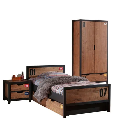 aufm Kessel Jugendzimmer-Set Kinderzimmer Set komplett Kameko 3 Massivholz+MDF Schwarz/Cognac, (inkl. Versand, Lieferung bis Verwendungsstelle), Nachtkonsole, Einzelbett, Bettschublade und Kleiderschrank 58