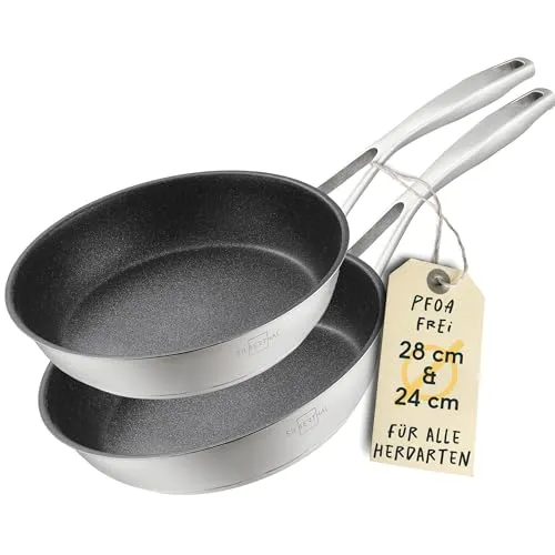 SILBERTHAL Bratpfanne 2er Set - 24 & 28 cm, Induktion - Pfannen Set aus hochwertigem Edelstahl mit Antihaftbeschichtung, geeignet für alle Herdarten und backofenfest bis 250 °C.