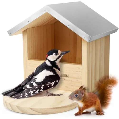 WILDLIFE HOME Großes Robustes Vogel-Futterhaus - Futterstation für Wildvögel, ideal für große Vögel wie Spechte und Elstern. Robuste Konstruktion aus massivem Kiefernholz mit wetterfestem Metalldach für ganzjährige Nutzung.