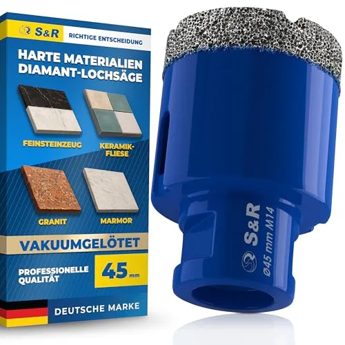 S&R Professional Diamant Fliesenbohrer 45 mm – Hochleistungs-Lochsäge für Fliesen - Erstklassige Diamantbohrkrone mit 45 mm Durchmesser für präzise Löcher in Keramik, Granit und Marmor. Ideal für Profis und Heimwerker, bietet sie eine lange Lebensdauer und saubere Schnittkanten.
