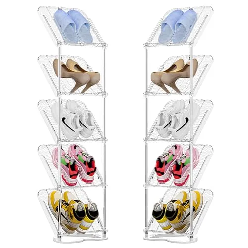 Farerkass Schuhregal Schmal mit 5 Ebenen, Platzsparend Schräg Schuhablage, 21 * 26 * 102cm Schmales Schuhregal Schuhe Organizer, Klein Multifunktional Standregal für Schlafzimmer Arbeitszimmer