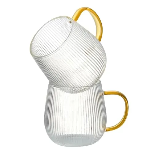 GLASKEY 2er-Set Borosilikatglas Kaffeebecher, 370 ml Glas Kaffeetasse mit Hellgelben Henkel,Hitzebeständige Gestreifte Teegläser,Geeignet für Cappuccino,Latte,Heiß-/kalte Getränke