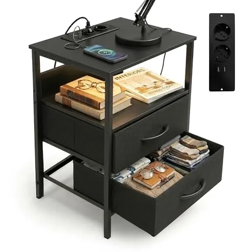 Relaxdays Beistelltisch mit LED & USB-Anschluss Schwarz