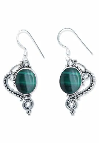 Ohrringe 925 Silber Malachit grüner gestreifter Stein Edelstein Ohrhänger echt Silber Damen Sterling Silber Hänger Geschenk (MOH-098-10)