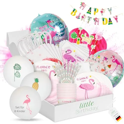 LITTLE BIRTHDAY Flamingo Partygeschirr Set für Kindergeburtstag - Partyzubehörset für 8 Personen mit 125 Teilen, inklusive Teller, Becher, Servietten und Luftballons - alles für die perfekte Flamingo-Mottoparty!