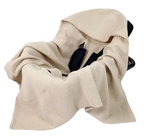 Babylux Musselin Einschlagdecke mit Kapuze – 90x90 cm – Beige - Weiche und atmungsaktive Musselin-Einschlagdecke für Babyschale und Autositz. Mit praktischen Druckknöpfen und Kapuze für optimalen Schutz. Ideal für Frühling und Sommer, maschinenwaschbar und langlebig.