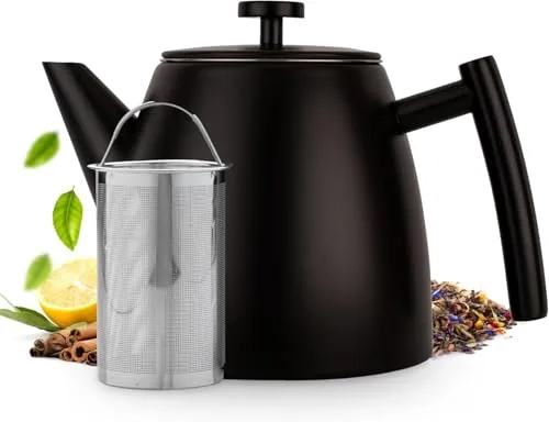 Vaja Trends | Doppelwandige Teekanne | Isoliert und Tropffrei | Edelstahl Schwarz Matt 1L | Inklusive Teesieb | langanhaltende Wärme