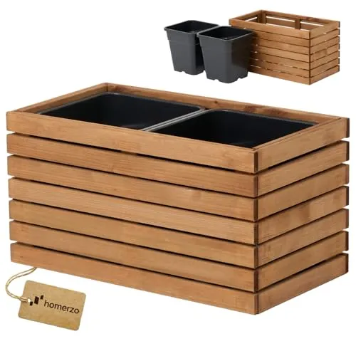 HOMERZO Pflanzkübel Holz – imprägniert wetterfest – mit herausnehmbarem Kunststoffeinsatz – Hochbeet Blumenkasten für Balkon Garten Terrasse (Horizontal-braun 67x36 H35 cm)