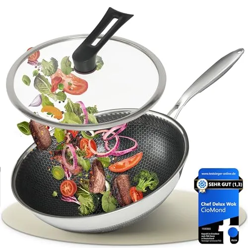 CioMond Wokpfanne mit Deckel Wok Pfanne Induktion 28cm - aus Edelstahl mit Antihaft Wabenstruktur | geeignet für Induktionsherd, Elektro, Gas | Spülmaschinenfest, gleichmäßige Hitzeverteilung