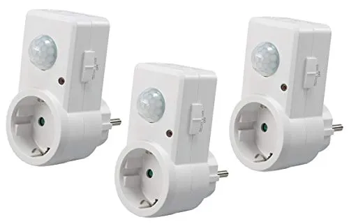 ChiliTec Zwischenstecker mit Bewegungsmelder 120° - Bewegungsmelder Steckdose für automatische Lichtsteuerung, 3 Stück, Reichweite 2-9m, einstellbare Zeitschaltung und Dämmerungs-Sensor, ideal für Hof- oder Keller-Licht.