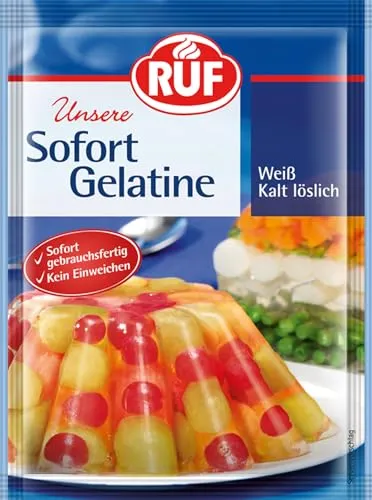 RUF Sofort-Gelatine, Gelatinepulver kalt löslich, Speise-Gelatine ohne Einweichen und Erhitzen, Pulver-Gelatine für Desserts, zum Backen & Kochen