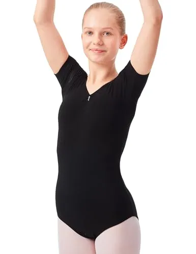 tanzmuster Ballettanzug Mädchen Kurzarm - Lisa - mit Glitzersteinen - Ballettbody Kinder Ballett Trikot - schwarz, 140/146