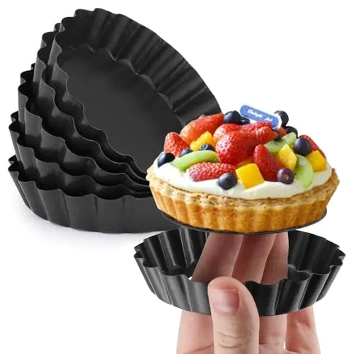 Gutsdoor 10 cm Tarteform mit Hebeboden 6 Stück, Antihaftbeschichtung Quicheform Klein 4 Zoll, Rund Pie Form, Obstbodenform Tartelette Förmchen aus Kohlenstoffstahl(10 CM - 6 Stück)