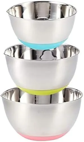 FAB4HOME 3-teiliges Edelstahl Schüsselset Rührschüssel Salatschüssel mit Silikonboden und Ausguss Schüsseln für die Küche 1.5L, 3L, 5L Spülmaschinengeeignet