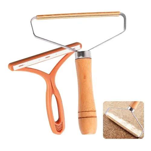 AetherPeak Fussel- und Tierhaarentferner, Teppichschaber mit Holzgriff, Edelstahlrahmen, Kupferklinge + orange statische Fusselbürste, wiederverwendbar für Teppiche, Sofas, Kleidung