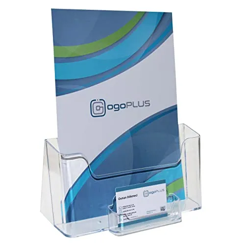 ogoPLUS DIN A4 Prospekthalter mit Visitenkartenständer, Prospektständer, Flyer-Ständer, Visitenkartenhalter Aufsteller, Werbung,Aufsteller Tisch-Prospektständer, Prospektbox