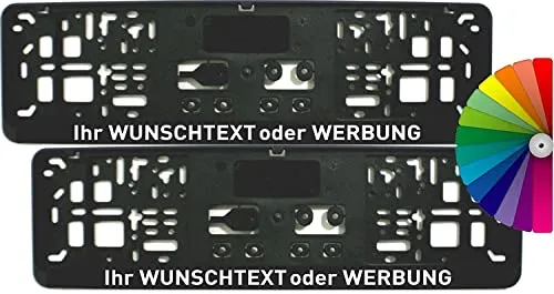 Satz (2 Stück) Kennzeichenhalter - KURZ (46 cm) - MIT INDIVIDUELLEM WUNSCHTEXT - inklusive 8 Befestigungsschrauben - Premiumqualität Made in Germany!