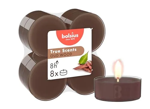 Bolsius True Scents – 8 Teelichter Maxi Duft – Oud Wood – Lange Brenndauer von 8 Stunden – Kerze für den Innenbereich – Natürlic– Veganes Wachs – Ohne Palmöl
