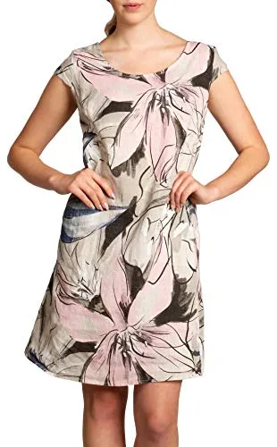 Caspar SKL035 knielanges Elegantes Damen Sommer Leinenkleid mit abstraktem Blüten Print, Farbe:beige, Größe:XL - DE42 UK14 IT46 ES44 US12