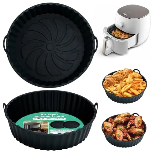 Alyvisun Silikonform für Heißluftfritteuse, 2 Stück Air Fryer Silikonmatte Silikon Backform Pot Zubehör Runde Einsätze Liner für Airfryer, Mikrowelle, Ofen(Schwarz)