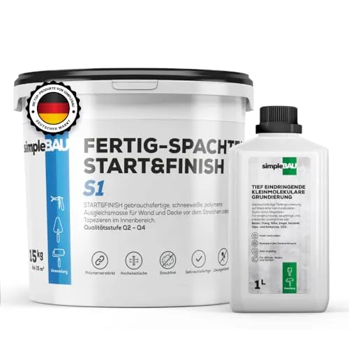 simpleBAU Spachtelmasse Weiß Innen 15 KG + 1L Tiefengrund gebrauchsfertig für Wand, Decke, Boden - Gebrauchsfertige Polymer-Spachtelmasse für Lösemittelfrei vor Anstrich & Renovierung