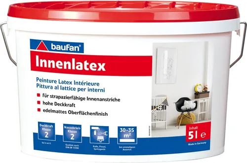 Baufan Innenlatex 5 Liter | Wandfarbe mit hoher Deckkraft I Lösungsmittelnfrei | Weichmachernfrei I Edelmatt, spritzbar & nassabriebbeständig