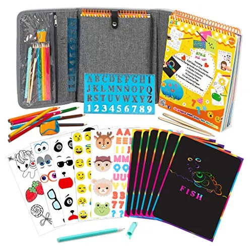 Aktivitätsbuch für Mädchen und Jungen – Premium-Hülle mit großen 60 Seiten – 420 Aufklebern, Regenbogen-Kratzpapieren, wiederverwendbaren Aufklebern, Buntstiften, Zahlen- und Buchstabenschablone