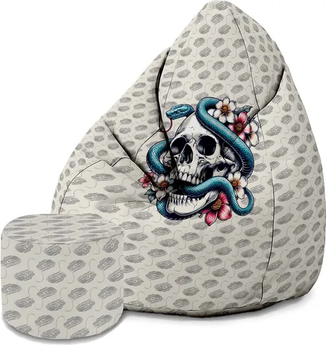 Dreamroots Bean Bag 80x80x120cm Sitzsack mit Lehne und Hocker und Bezug Sitzkissen Boden Chill Sack Bubibag Sitzsack Snake Skull Flower