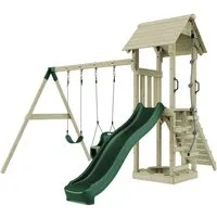 OutdoorToys Spielturm - Schaukelspielturm aus nordischer Fichte in Dunkelgrün, ideal für Kinder ab 3 Jahren, bietet sicheren Spielspaß im eigenen Garten.