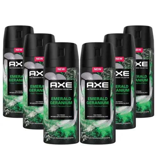 Axe Premium Bodyspray Emerald Geranium 150 ml - 6 Stück - Deo ohne Aluminiumsalze für bis zu 72 Stunden Schutz gegen Körpergeruch, mit verführerischem Duft und intensiver Zink-Formel für Männer.