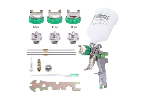TRUTZHOLM HVLP Lackierpistole - 3 Düsen Set für präzises Lackieren - Druckluft Lackierpistole mit HVLP-Technologie für optimale Zerstäubung und minimalen Spritznebel. Ideal für Lacke und Lasuren, inklusive 3 Düsen und 600 ml Becher.