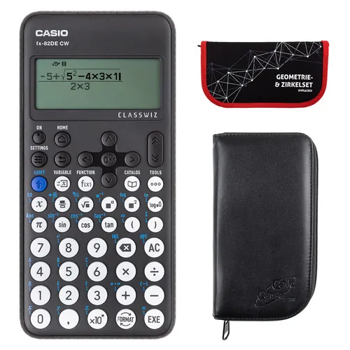 Casio FX-82 DE CW mit schwarzer Tasche und Zirkelset rot