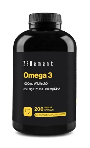 Omega 3, 1000mg Fischöl Kapseln mit 350 mg EPA & 250 mg DHA pro Portion | Essentielle Omega 3 Öl Fettsäuren hochdosiert, Nachhaltiger Fischfang | Zenement