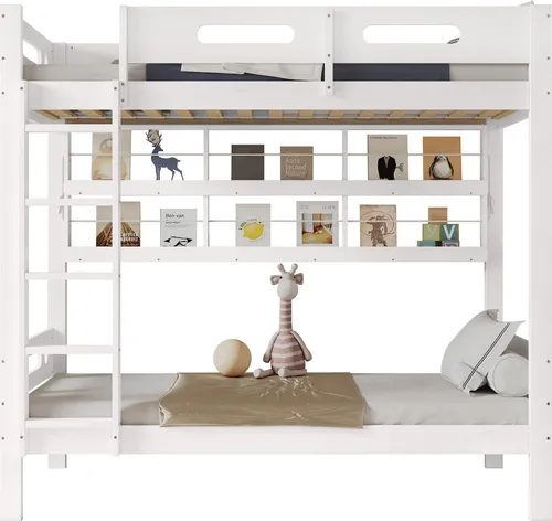Etagenbett mit 2 Liegeflächen (90x200 cm) für Kinder - Modernes Etagenbett aus Kiefer mit rundum Rausfallschutz, ideal für zwei Kinder. Inklusive Regal und stabiler Trittleiter für sicheren Zugang.