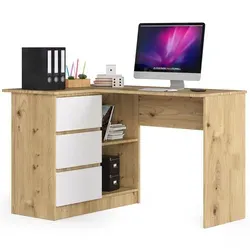 Raumhirsch Furniture Schreibtisch B16, Eiche Artisan, Weiß, 124x77x85 cm - Moderner Schreibtisch B16 aus robuster Laminatplatte, perfekt für Büro und Home-Office. Mit drei geräumigen Schubladen und Soft-Close Mechanismus für eine angenehme Arbeitsatmosphäre.
