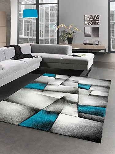 CARPETIA Moderner Teppich Kurzflor Wohnzimmerteppich Konturenschnitt karo abstrakt grau schwarz Weiss türkis Größe 80x150 cm