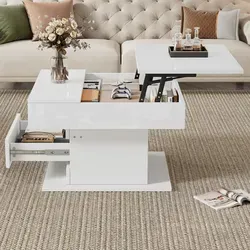 Couchtisch Aus Spanplatte Weiß Hochglanz 70 X 70 Cm, 360° Drehbare Und Höhenverstellbare Tischplatte