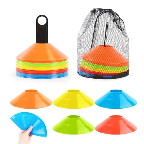 VFANDV Fussball Hütchen Set, 5 Farben hütchen Fussball Set mit Ständer und Netztasche, Runde Markierungshütchen für Hockey, Fussball, Eislaufen, Handball, Koordinationstraining (Colorful 50p)
