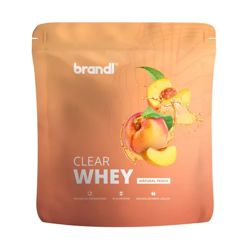 brandl Clear Whey Protein - Natural Peach - Sportnahrung mit mindestens 80% hochwertigem Protein, erfrischender Geschmack ohne Zucker und Süßstoffe. Ideal für gesundheitsbewusste Sportler, die eine leichte und leckere Proteinalternative suchen.