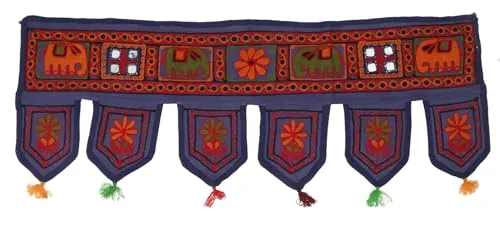 GURU SHOP Indischer Wandbehang, Orientalischer Wimpel mit Pailletten, Türbehang - Elefant Blaugrau, 30x85 cm