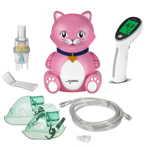 Kinder-Inhalator-Set mit Maske & Infrarot-Thermometer Katze - Inhalator-Set für Kinder, inklusive Maske und Infrarot-Thermometer, sorgt für effektive Atemwegstherapie und Komfort bei der Anwendung.