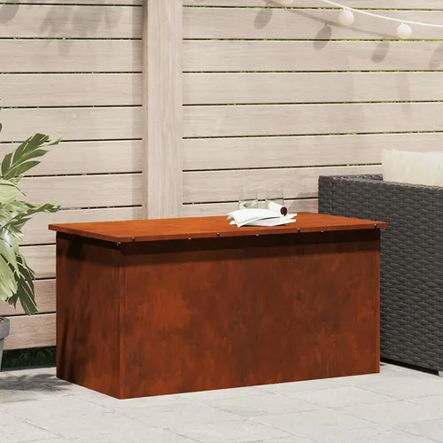 vidaXL Outdoor Lagerungsschrank aus wetterfestem Stahl - Bollerwagen für Garten und Terrasse, wetterfest mit Gaslift und UV-beständiger Corten-Oberfläche – idealer Stauraum für Gartenwerkzeuge und Outdoor-Essentials.