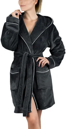Gräfenstayn Damenbademantel Bademantel Damen flauschig Kapuze Kuschelfleece leicht kurz, warm & kuschelig, Knielang, Fronttaschen, Gürtel, S-XXL