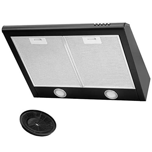 Elegante Dunstabzugshaube 60 cm - Schwarz, Edelstahlgehäuse, LED-Beleuchtung - Dunstabzugshaube für frische Luft in der Küche. Mit leistungsstarkem 70W Motor und energiesparenden LED-Strahlern. Spülmaschinenfeste Metall-Fettfilter für einfache Reinigung.