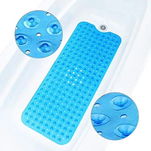 ADOV Badewannenmatte, Badematte rutschfest mit 200 Sicherheit Saugnäpfen und Ablauflöchern, 100 x 40 cm Lange Maschinenwaschbar Badezimmer Duschmatte Schimmelresistent für Kinder Erwachsene - Blau