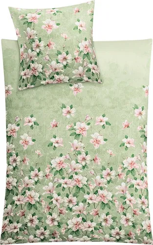 Kleine Wolke Wendebettwäsche Magnolia, Mako-Satin, 2-teilig - Bettwäsche-Set mit floralem Print in stilvollem Grün, aus hochwertigem Mako-Satin für ultimativen Schlafkomfort, OEKO-TEX® zertifiziert.