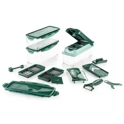 Genius Nicer Dicer Plus - 18-teiliges Multischneider Set für Gemüse - Gemüsehobel mit 18 Teilen für vielseitige Schneid-Ergebnisse: Würfel, Scheiben und mehr. Inkl. Auffangbehälter mit Frischhaltedeckel und extrem scharfen Edelstahlmessern.