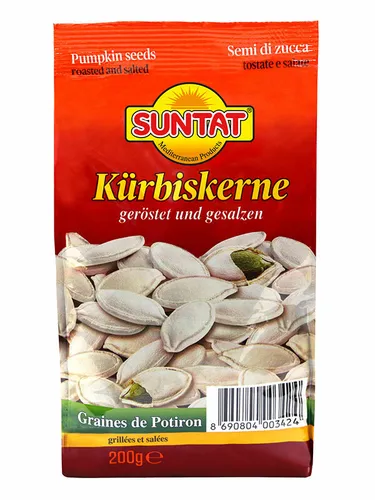 SUNTAT Kürbiskerne geröstet und gesalzen 200 g - Salzgebäck & Cracker, knusprig und reich an Nährstoffen – der perfekte Snack für zwischendurch!