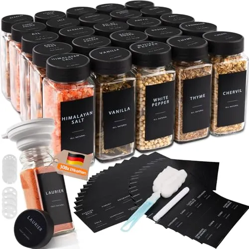 Vikcvcsc Gewürzgläser Eckig Set [25x 120ml] mit Schwarzer Deckel, Gewürzstreuer mit Streueinsatz und 308 Etiketten Schwarz, Gewürzdosen, Hochwertige Gewürzbehälter, Spice Jars, Gewürze organizer